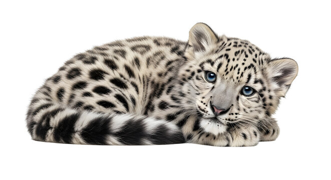 Adorable baby snow leopard cub with striking blue eyes, resting peacefully on a clean white background, showcasing its beautiful spotted fur pattern