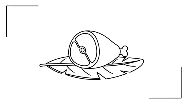 Raw Ham Hock on a Leaf, Minimalist Line Art, Food Illustration