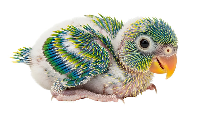 Adorable baby parrotlet chick with soft white down feathers and emerging green and yellow plumage, isolated on a clean white background, perfect for pet-related designs.