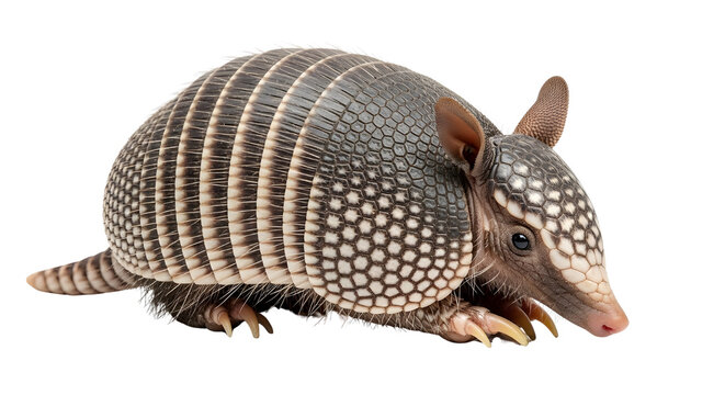 Close-up studio shot of a nine-banded armadillo, Dasypus novemcinctus, with its distinctive armored shell and long snout, isolated on a clean white background
