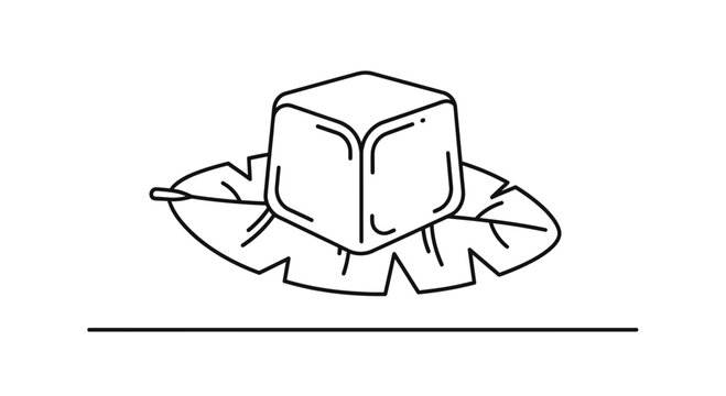 Minimalist Ice Cube on Tropical Leaf Line Art