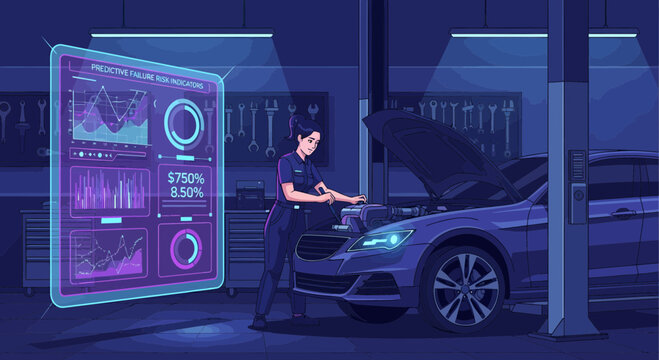 Mechanic analyzing car data on futuristic screen.