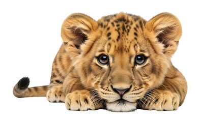 Obraz premium Adorable baby lion cub with soft fur and captivating eyes, lying down and looking directly at the camera on a clean white background, perfect for wildlife and animal-themed projects.