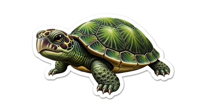 Detailed illustration of a green turtle with a textured shell, captured from a side profile, against a transparent background