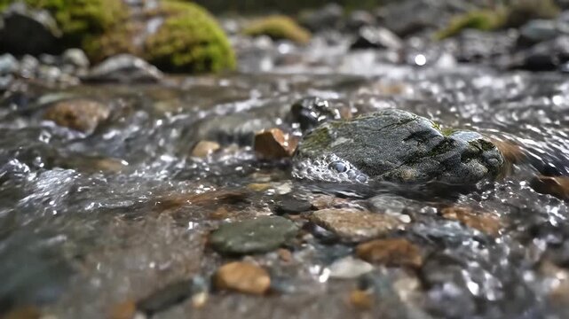 Closeup of a clear stream flowing over colorful pebbles and rocks.
