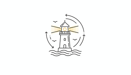 Fototapeta premium Lighthouse guiding ships at sea with circular arrows, symbolizing guidance and navigation