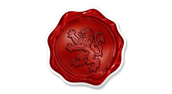 A classic red wax seal impression featuring a rampant lion, symbolizing heraldry, tradition, and authenticity