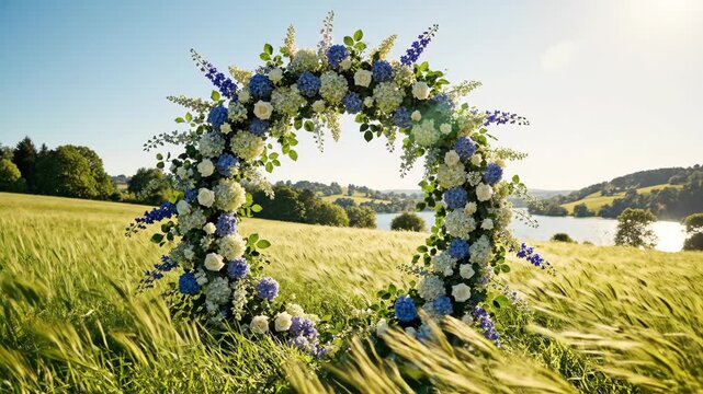 Outdoor floral archway decorated with blue and white flowers in a sunlit field
