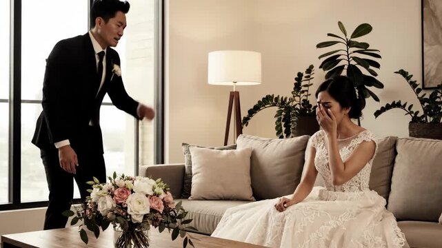 Emotional Bride and Groom during a Wedding Ceremony in a Modern Indoor Setting
