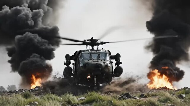 Military helicopter landing aggressively amidst intense fire and black smoke clouds