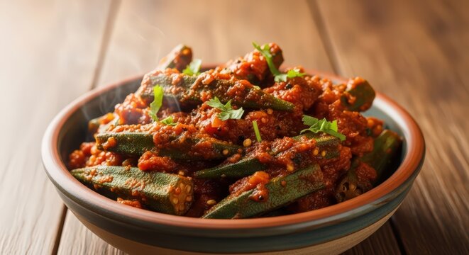 Spicy Indian Okra Curry (Bhindi Masala) Served in a Rustic Ceramic Bowl on a Textured Wooden Background