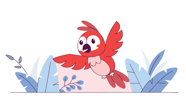 A red cartoon parrot flies over pink and blue tropical plant leaves.