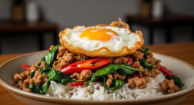 Authentic Thai Basil Chicken (Pad Krapow Gai) with Fried Egg and Steamed Rice in a Bowl