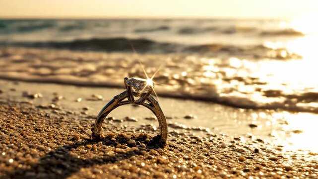 Engagement ring with diamond sparkling on a sandy beach at sunset with ocean waves in the background