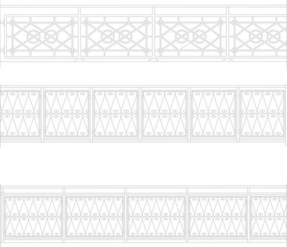 Technical architectural detail drawings showing three decorative railing designs with geometric diamond lattice patterns, interlocking circles and ornamental scrollwork elements.