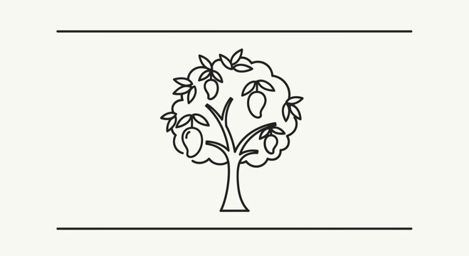 Mango Tree Icon Line Art Illustration - Ripe Fruits on Branches