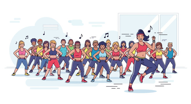 Diverse group of people enjoying a vibrant Zumba fitness class in a studio