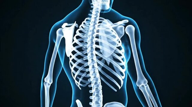 Medical visualization of a transparent human torso revealing the skeletal structure with bones and spine.