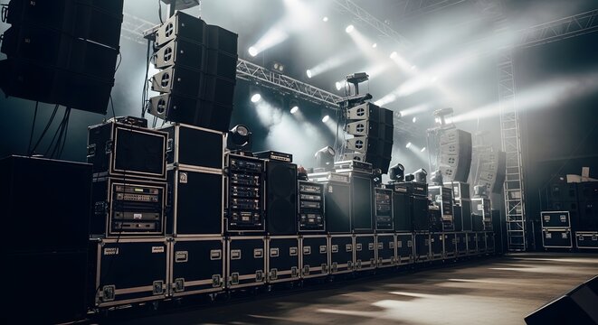Massive concert sound system setup with stage lights and speakers, ready for a performance