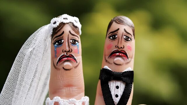 Unhappy wedding finger puppets showing sadness and despair during a divorce, with a blurred green background