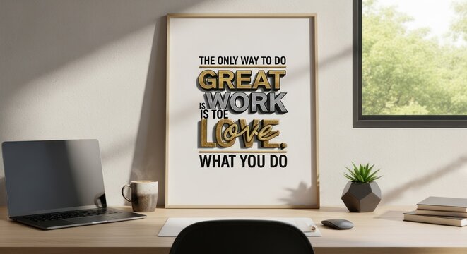 Inspiring office desk with motivational quote print, laptop, and plant near window