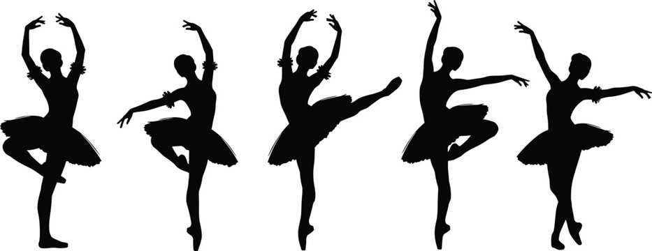 Collection of five black silhouettes of graceful ballet dancers performing various classical dance poses in tutus isolated on white background