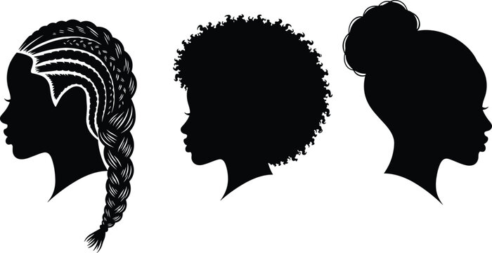 Collection of three African American female head profile silhouettes featuring intricate braids natural afro texture and a stylish high bun