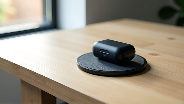 Minimal wireless charging pad with earbud case on light oak desk