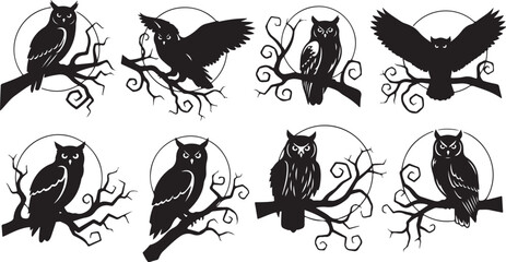 Obraz premium Collection of owl silhouettes on tree branches in moonlight