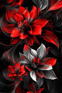 High-contrast digital florl artwork in dramatic red nd black shades. Intense ad expressive background deign