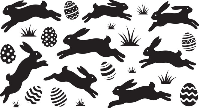 Easter bunny silhouettes jumping with eggs and grass pattern