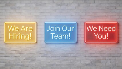Fototapeta premium Neon signs on brick wall hiring message
