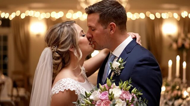Romantic wedding couple shares a tender kiss amidst elegant reception decor and soft lighting