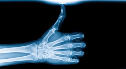 X-ray image showcasing a human hand in a thumbs-up gesture, against a black background