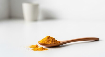 Wooden spoon with vibrant yellow spice on a white surface, blurred background with cup