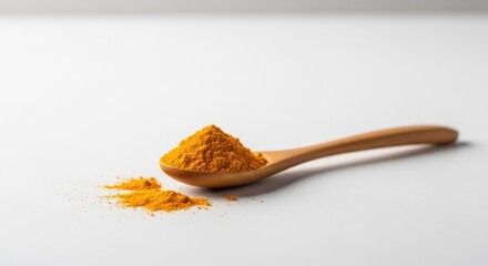 Wooden spoon filled with vibrant yellow powder on a white surface, with scattered grains