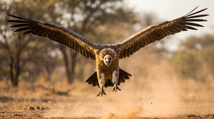 Fototapeta premium Angry Vulture Diving and Charging Directly at Camera with Wings Spread Wide