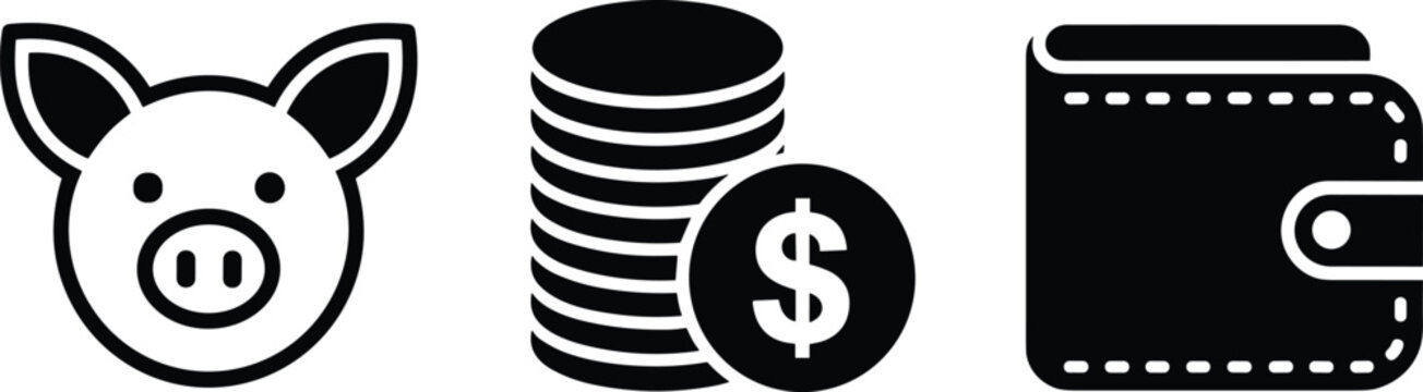 PrintPiggy bank silhouette, coin stack icon, wallet illustration, financial savings design, money currency symbol, personal finance vector, banking economy artwork