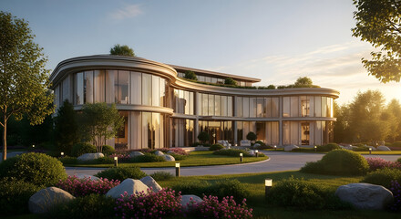 Fototapeta premium Modern Architectural Masterpiece with Curved Facade and Lush Landscaping.