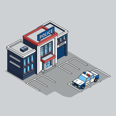 Isometric illustration of a police station with a patrol car parked in front. © Anak