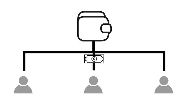 Motion graphic showing money distribution from a digital wallet to multiple users, representing payments or payroll.