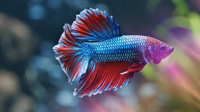 Vibrant Betta Fish Swimming in Aquarium with Colorful Bokeh Lights.