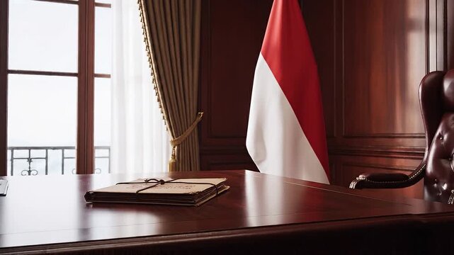 Classified manila folder with leather string on a mahogany desk; national flag of Indonesia on a ceremonial pole, symbolizing official government authority.