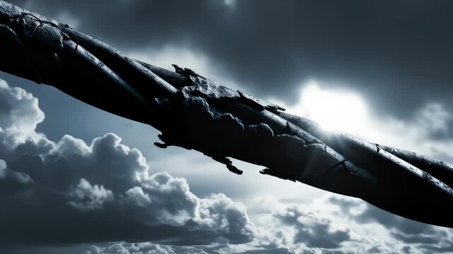 Close Up Of A Damaged Steel Cable Against Dramatic Cloudy Sky