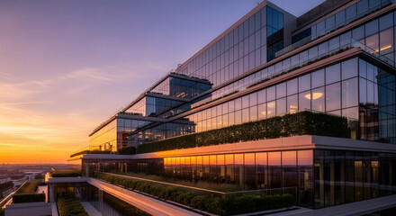 Fototapeta premium Modern Glass Office Building Facade at Sunset.