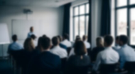 Fototapeta premium Blurred business seminar or training presentation with audience in modern conference room professional corporate workshop learning and teamwork concept