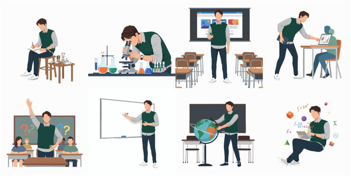 Detailed Cartoon Student Learning in Classroom Education Illustration Set