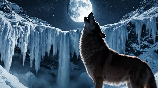 Majestic Wolf Howling At Full Moon In Snowy Mountain Landscape