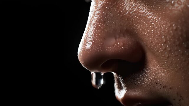 Close Up Of Person Sweating Heavily With Droplets Dripping