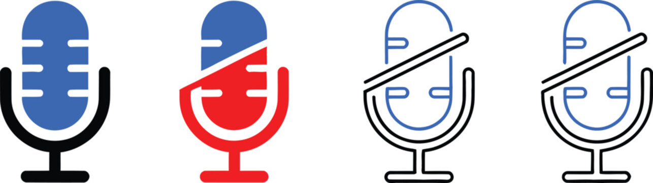 Iconic microphone stylizations with color- coded microphone mics in sequential stylized blue white